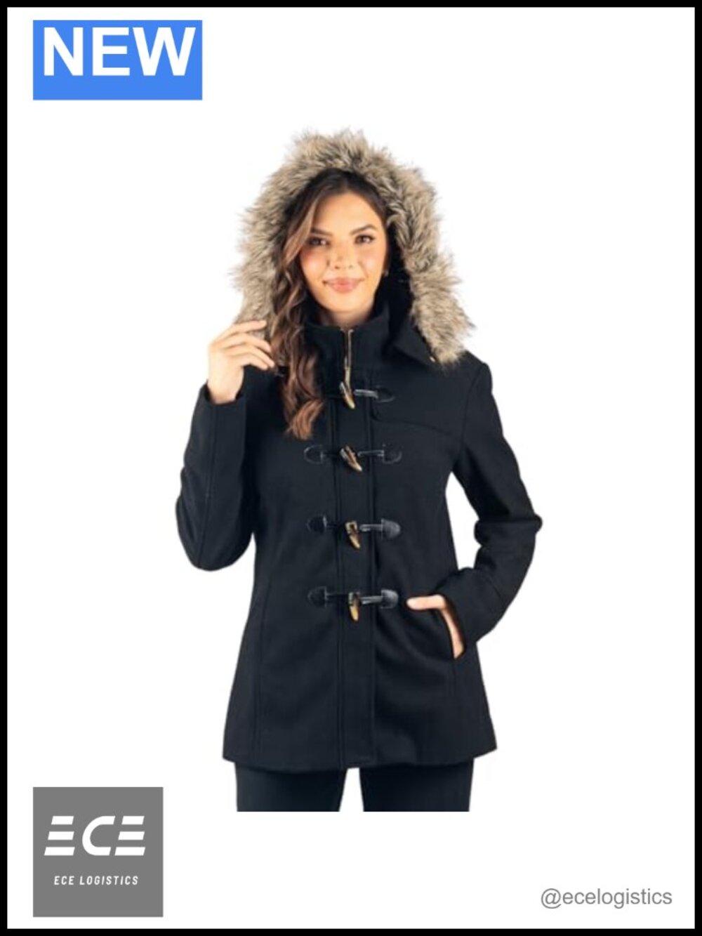 Wool Blend Toggle Coat Removable Faux Fur Hood Duffle Overcoat